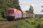 1116 020 am 19.08.2011 in der Rail Cargo Hungaria-Ausfhrung mit dem Audi-Zug kurz nach dem Bahnhof Saal (Donau).