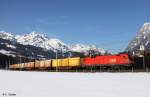 BB 1116 144-5 mit Ganzzug Innofreight Richtung Bischofshofen, Salzburg-Tiroler-Bahn KBS 200 Freilassing - Salzburg - Saalfelden, fotografiert bei Pfarrwerfen am 07.03.2012