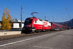 1116 232 in der ORF Lackierung bei diesem Railjet vor dem Steuerwagen vorgespannt  bei der Abfahrt in Dornbirn Richtung Feldkirch.