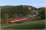 1142 618 + 1142 593 rollen mit einem Autoleerzug auf der Semmering Nordrampe talwrts. 
Stonefarmer meadow :O) Eichberg 18.10.2012