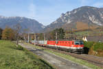 In herrlicher Spätherbststimmung fahren 1144.082+125 mit G-54703 am 4.11.17 zwischen Payerbach und Küb.