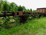  Im Grünen , entlang einer Nostalgiebahn, fristet dieser Flachwagen vor sich hin; 170524