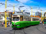 Graz. Der TW 293 des Tramway Museum Graz ist hier am 26.03.2024 im Zuge einer Dienstfahrt am Jakominiplatz zu sehen.