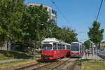 Am 28.06.2021 fuhren in Wien noch E1-c4-Züge. 4780 verließ mit seinem Beiwagen gerade die Haltestelle Trondheimgasse in Aspern in Richtung Floridsdorf, wobei ihm B1 747.