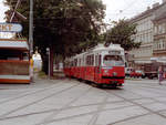 Wien WVB SL 18 (E1 4748 + c3 1265) XV, Rudolfsheim-Fünfhaus, Neubaugürtel / Märzstraße im Juli 1992.