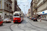 Wien Wiener Stadtwerke-Verkehrsbetriebe (WVB) SL 49 (E1 4497 (Lohnerwerke 1969)) XV, Rudolfsheim-Fünfhaus, Märzstraße / Neubaugürtel im Juli 1992.