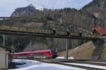 Am 27.02.2016 durchfahren RJ 167 / 567 auf der Fahrt von Zürich / Bregenz nach Wien / Flughafen Wien den Bahnhof von Dalaas.