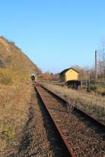 Der Bahnhof Weitenegg bei Km 38,3 an der Donauuferbahn mit dem Weitenegger Tunnel im Hintergrund befindet sich im aufgelassenen Teil der Donauuferbahn,Blickrichtung Osten,11.11.11 