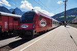 Der  ÖFB-railjet  steht am 28.6.2016 mit 80-90.725 an der Zugspitze im Bahnhof Lienz.