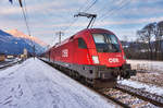 1016 027-5 hält mit einer der, für den Westbahn-Verkehr, neu bestellten railjet-Garnituren im Bahnhof Greifenburg-Weißensee.