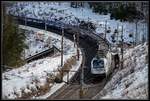 1216 955 (Roland) mit Güterzug auf der Talfahrt zwischen Semmering und Breitenstein am 8.03.2018.