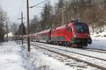 Am 24.01.2013 ist 1116 247 als RJ650 (GrazHbf.-Wien Meidling) bei Steinhaus unterwegs.