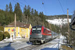 Durch Verspätung war am RJ-653 die Garnitur des RJ-71 mit 1216.231 in Breitenstein am 22.1.17