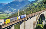 Lokomotion 185 662 und RTC 189 903 überqueren mit dem EKOL die Pfaffenberg-Zwenberg-Brücke bei Penk.