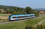 Der blaue für die S-Bahn Steiermark werbende VT 63.08 war am Nachmittag des  30.