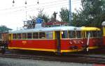 Bei dem Turmtriebwagen X 10.903 handelt es sich um den ex ÖBB 5081.12, der hier im Bahnhof Schruns zu Fahrleitungsarbeiten eingesetzt wurde (August 1982) 