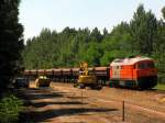 230 077 der RTS mit ihrem Kieszug beim Kippvorgang im Wald sdlich von Bestensee am 08.07.