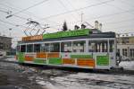 strasenbahn-basel-bvb-blt Oldtimer Motorwagen 413 ist als Chatliner w�rend der MUBA auf einem Stadtrundkurs unterwegs. Hier steht er im Hof des Depots Morgartenring Die Aufnahme stammt vom 10.02.2010.