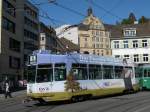 strasenbahn-basel-bvb-blt Motorwagen 479 mit der IWB Vollwerbung auf der Linie 15/16 f�hrt am Barf�sserplatz Richtung Bankverein. Die Aufnahme stammt vom 08.07.2010.
