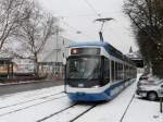 Stra�enbahn Z�rich VBZ - Cobra Tram Be 5/6 3023 unterwegs auf der Linie 6 in der Stadt Z�rich am 10.01.2010