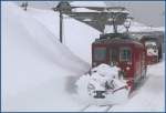 strecke-berninabahn-sm-ti Der starke Wind am Berninapass macht die Arbeit der Schneer�umequipe innert kurzer Zeit wieder zu Nichte und es muss erneut gegen die meterhohen Schneeverwehungen angek�mpft werden. ABe 4/4 II 44 mit Spurpflug in Ospizio Bernina 2253m �/M. (01.12.2009)