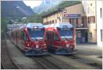 strecke-berninabahn-sm-ti ABe 9/12 3501 und 3503 kreuzen sich im Grenzbahnhof Campocologno. (09.05.2010(