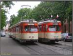 frankfurt-main Kurz nach der Ankunft des N-Triebwagens 112 (ex 812 Baujahr 1963 D�WAG) gesellte sich bei der Abschiedsfahrt f�r die Wendeschleife am Pr�fling der M-Triebwagen 102 (ex 602 Baujahr 1959 D�WAG) mit dem m-Beiwagen 1804 dazu, der ebenfalls im Jahre 1959 bei D�WAG gebaut wurde.