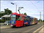 cottbus Tram 148 der Cottbusverkehr mit Vollwerbung 'Spreegalerie' in der Vetschauer Str. in Cottbus, 01.08.07.