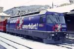 e-loks-ge-4-4-iii RhB - Ge 4/4 III 644 'SAVOGNIN' am 12.046.1998 in St.Moritz - Drehstrom-Universallokomotive - �bernahme 14.04.1994 - SLM5492/ABB - 3200 KW - Gewicht 62,00t - L�P 16,00m - zul�ssige Geschwindigkeit 100 km/h - Logo RhB in rh�toromanisch - Werbung: Radio Grischa UNERH�RT
