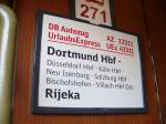 Zuglaufschild des Urlaubsexpress/ AutoZug nach Rijeka.  ...