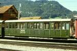 SPB Schynige-Platte-Bahn SPB - B 30 am 08.09.1990 in Wilderswil - 2.Klasse Personenwagen 4-achsig - Baujahr 1929 - SIG - Gewicht 6,30t - Sitzpl�tze 52 - L�P 10,69m - zul�ssige Geschwindigkeit 25 km/h - �=06.11.84 - Lebenslauf: ex WAB BC4 36 - 1956 B4 30 - 1970 SPB B 30 - 09/1992 Kastenabbruch - 05/1993 B 47 neuer Kasten
