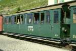 SPB Schynige-Platte-Bahn SPB - B 32 am 05.08.1994 in Schynige Platte - 2.Klasse Personenwagen 4-achsig - Baujahr 1926 - SIG - Gewicht 6,30t - Sitzpl�tze 46 - L�P 10,59m - zul�ssige Geschwindigkeit 25 km/h - �=25.01.1991 - Lebenslauf: ex WAB BC4 34 - 1956 AB4 31 - 1963 AB4 28 - 1964 B 28 - 1970 SPB B 32 - 2001 B 50 neuer Kasten.
