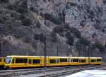 ligne-de-cerdagne---pyrenaenmetro-train-jaune-villefranche---la-tour 2004 hat die Pyren�enmetro zwei Triebz�ge Stadler GTW angeschafft, am 05.03.2008 abgestellt in Bahnhof Villefranche, an diesen Tag sind sie nicht gefahren, auch diese Triebz�ge fahren mit Stromschienenstrom.