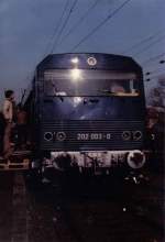br-202-historisch-versuchslok-henschel-bbc-de-2500 202 003-0 Anfang der achtziger Jahre w�hrend einer Fahrzeugausstellung in Hannover Hbf.