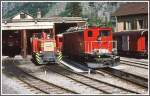 FO Furka-Oberalp-Bahn Vor dem Depot Brig zeigen sich HGe 4/4 I 32, der Tm 2/2 4972 oder 4973, sowie dahinter der BDeh 2/4 41 und ein weiterer BDeh 2/4, alles Fahrzeuge der ehemaligen FO. (Archiv 06/77)