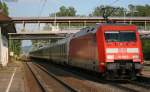kbs-720-schwarzwaldbahn IC2371 von Hamburg Altona nach Konstanz mit Schublok 101 009-9 bei der Ausfahrt Donaueschingen am 16.7.08