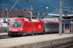 br-1116-vor-personenzugen �BB-EC 669 'Astronomie Jahr 2009' nach Graz steht mit 1016 017-4 abfahrbereit in W�rgl Hbf. (20.07.2008)