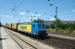 TX Logistik AG 185 518 mit neuer Werbefolie f�r Transpet am 05.07.08 mit Sattelauflieger in Richtung S�den am Heimeranplatz
