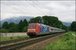 BR 101 Werbelokomotiven Standortwechsel von Schwaz nach Oberaudorf: 101 003 ist mit dem IC 82 'Paganini', von Verona Porta Nuova, auf dem R�ckweg nach M�nchen Hbf. (04.07.2008)