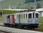 TPC Transports Publics du Chablais tpc - ( 100 Jahre AOMC ) Fahrzeugparade mit dem Triebwagen BCFe 4/4 6 mit dem G�terwagen K 65 und Personenwagen BC 10 unterwegs bei Aigle am 07.06.2008