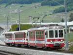 TPC Transports Publics du Chablais tpc - ( 100 Jahre AOMC ) Fotozug mit dem AOMC Triebwagen Be 4/4 103 und den Personenwagen B 523 und B 524 unterwegs bei Aigle am 07.06.2008