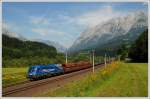 MWB Mittelweserbahn MWB 1116 912 mit dem Stahlbrammenleerzug 95015 nach Leoben-Donawitz am 22.8.2008 kurz vor Bischofshofen mit dem Tennengebirge im Hintergrund.