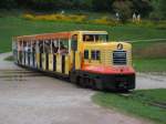 parkeisenbahn-stuttgart-killesberg Der Blitzschwoab, eine der beiden Dieselloks beim Wasserspiel kurz vor dem Bahnhof. (24.August 2008)