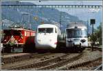 rae-tee-ii-rabe-1050 75 Jahre Arosabahn Fahrzeugparade. Parallelfahrt in den Bahnhof Chur mit Ge 6/6 II 701 'R�tia', ICE Experimental(vierteilig) und RAe TEE Graue Maus. (Archiv 05/89)