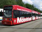 schwerin Stra�enbahn-Zug vom Typ Schwerin 2001, Nr. 805 der Nahverkehr Schwerin -NVS- mit Werbung f�r die M�belstadt R�CK, Schwerin 30.08.2008
