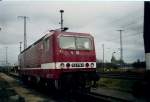 Stralsund Die Rostocker 143 076 im Februar 1998 im Bh Stralsund.