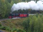 Harzer Schmalspurbahnen 8933 an der 'gro�en Kurve' kurz vor dem Waldgasthaus Drei Annen, 4.10.2008