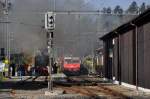 e-3-3 Sihlwald - Ein Dampfzug und ein Regionalzug friedlich nebeneinander im kleinen Bahnhof Sihlwald. 26.10.2008
