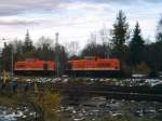 Locon Logistik und Consulting AG Auf der Heimfahrt von Rottweil am 1.11.08, kamen mir diese zwei V? der Fimra LOCON noch vor die Linse.
Sie standen im Gleisvorfeld des (ehemaligen) BW Villingen Schw.
Auffallend war auch das auch etliche Kieswagen dort stehen, ebenso einige 364er ? Gro�baustelle Schwarzwaldbahn? Wer was weis bitte sagen, Danke vorab