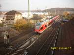 Von der Fussg�ngerbr�cke in Bergen am 09.11.2008 aufgenommen.
Einfahrender Flirt aus ...